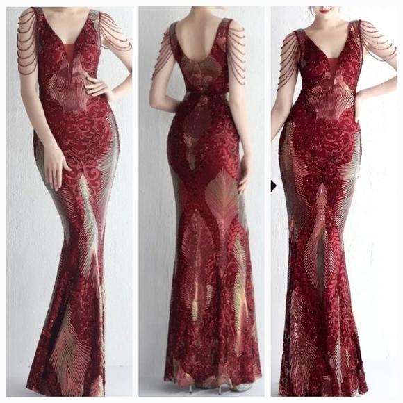 WIne Red, Floral, Sleeveless, Round Back, V Neck, Sequined Mermaid Gown - Picture 2 of 16